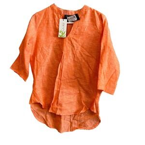 APNY NWT Linen Split V Neck Top 3/4 Sleeve Tangerine Size Small Oeko Tex Dyes